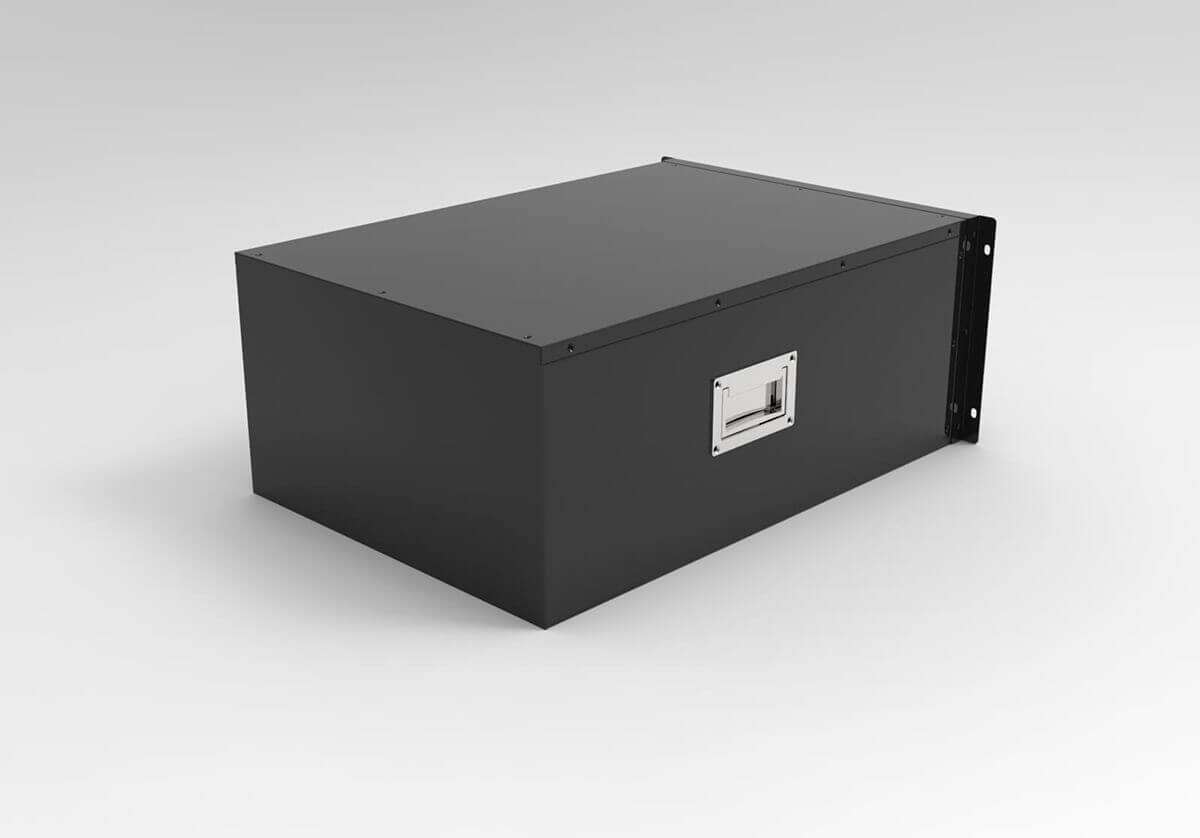 The left rear side of lifepo4 server rack battery - Pure black and simple appearance, with an additional hidden carrying handle on the left side for easy movement and installation.