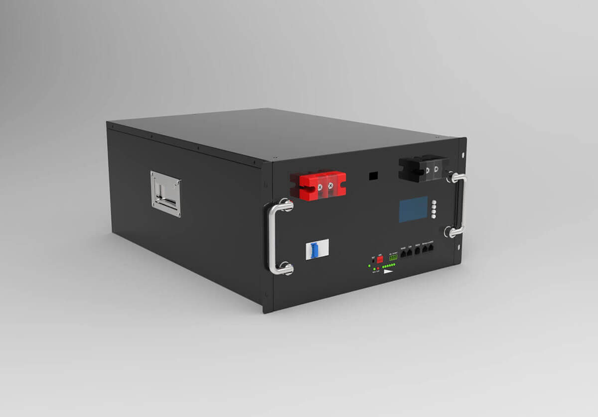 The left frontanterior view of lifepo4 server rack battery - All ports are grouped together on the front panel for easy management, with an additional hidden carrying handle on the left side for easy movement and installation.
