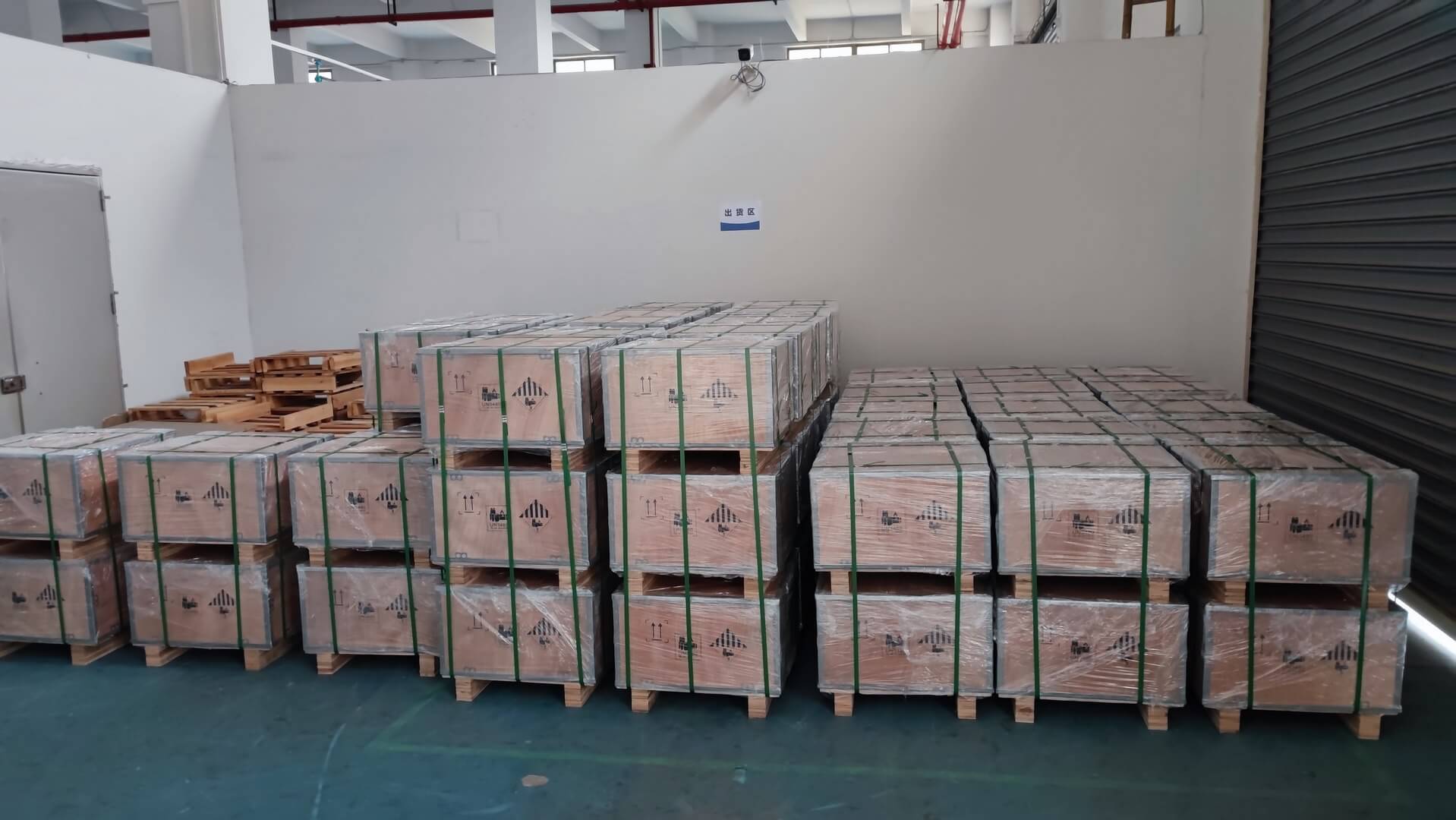 Lifepo4 battery pack 48v in the warehouse are packed in individual wooden boxes and ready to be shipped out of the warehouse