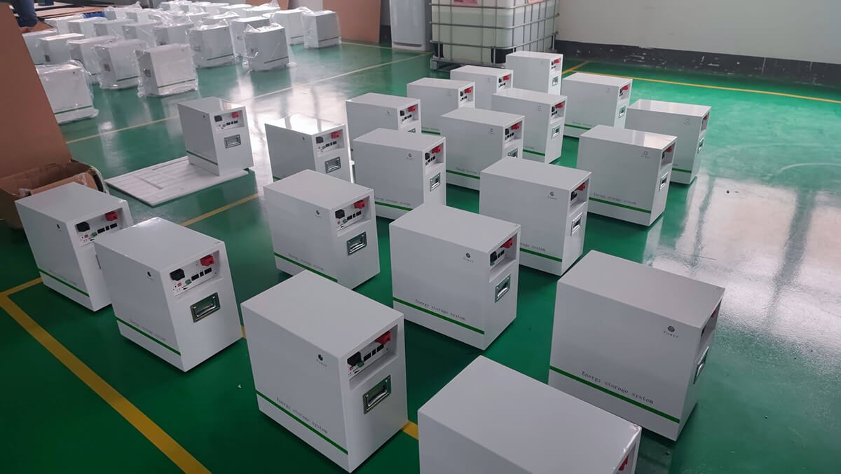 A large number of finished products of 48v lifepo4 lithium battery are neatly placed in the warehouse