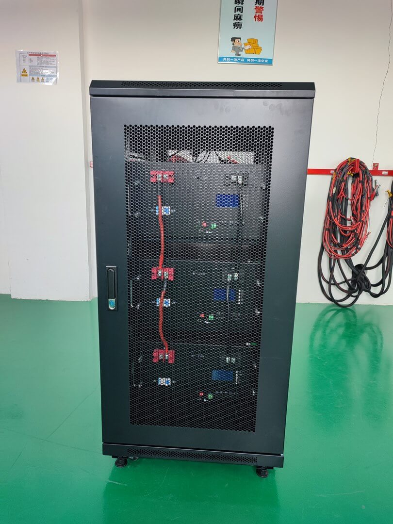 Three rack mount solar batteries and cabinet assembly completed