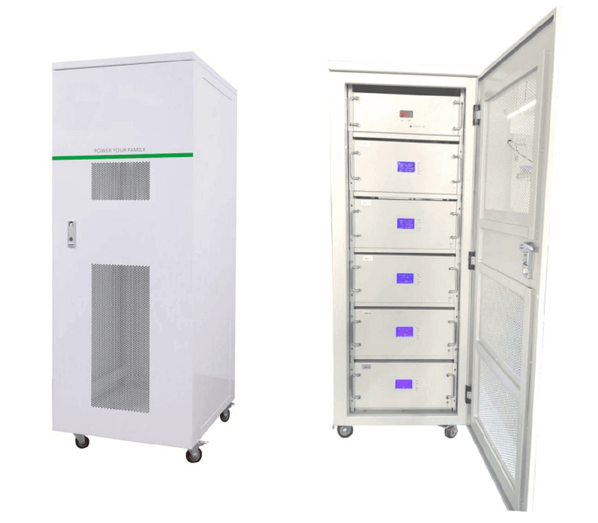 White model server rack - 5 lifepo4 storage batteries connection and cabinet